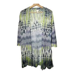 Chicos Open Cardigan Open Knit Blue Green Artsy Lightweight 2 = Large 3/4 Sleeve